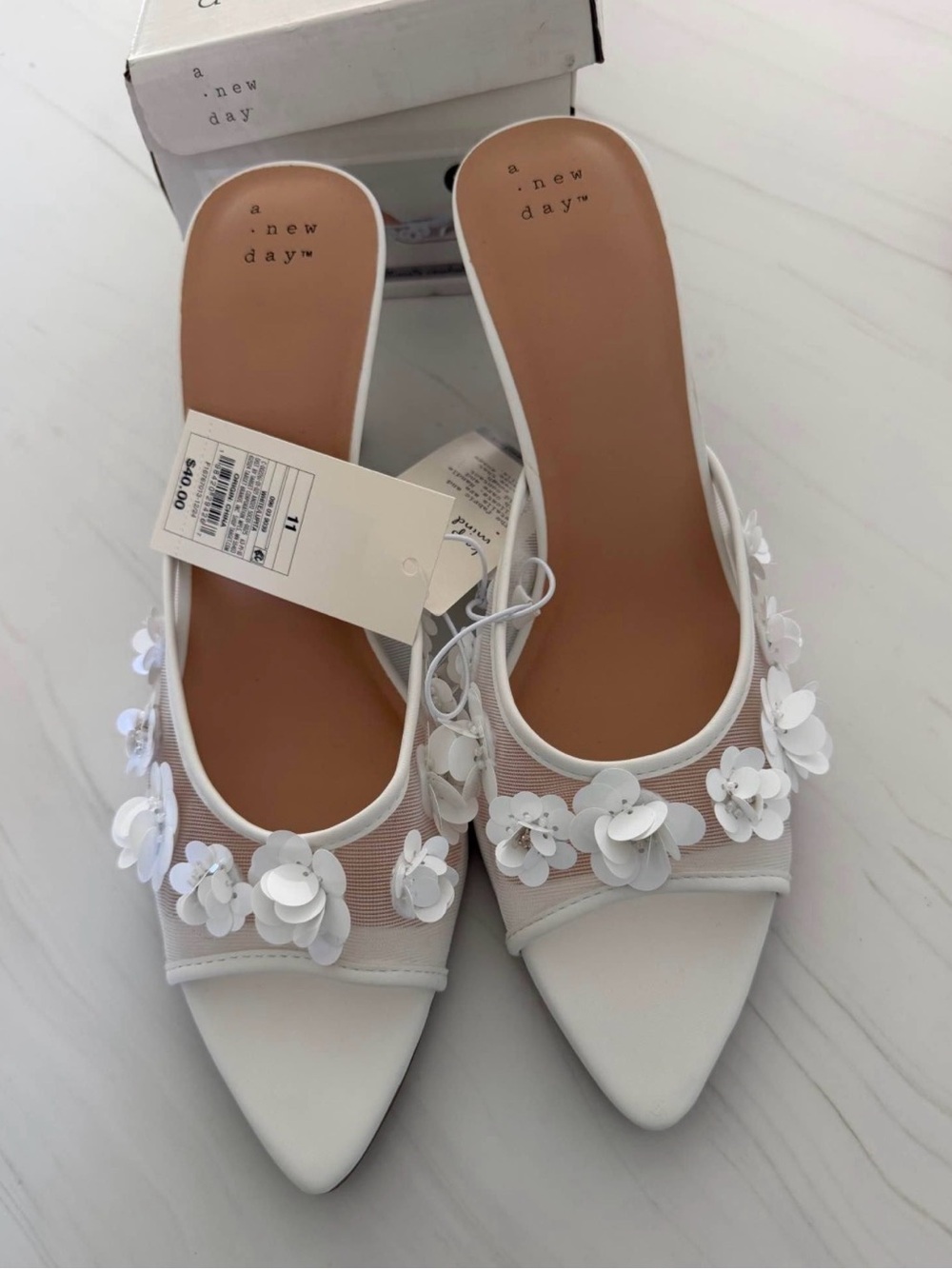 a new day White Floral Mesh Pointed Toe Slip-On Mules